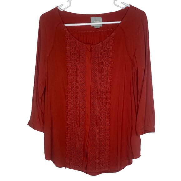 Maeve Anthropology Button Down Blouse Womens Size 6 Rust Red Lace Cotton Blend C - Picture 1 of 11